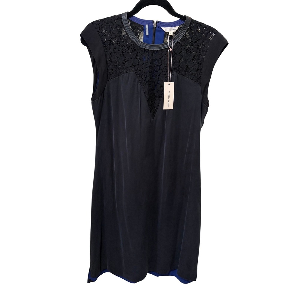 Rebecca Taylor Lace Mix Shift Dress Black Blue Lining Size 6
